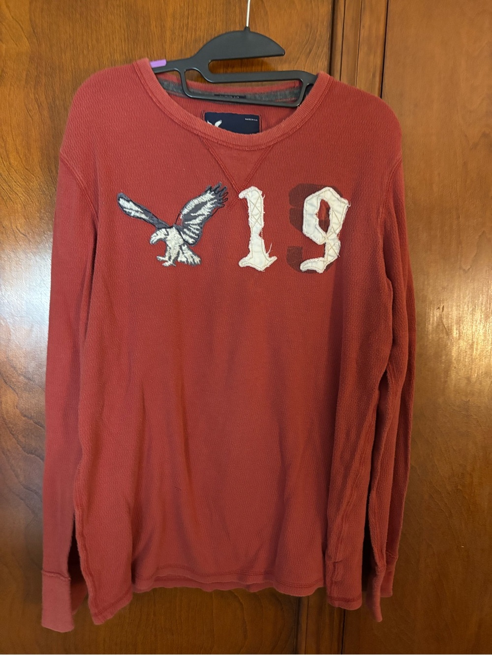 American Eagle Vintage Long Sleeve Waffle Knit Top with Embroidered Logo Size L